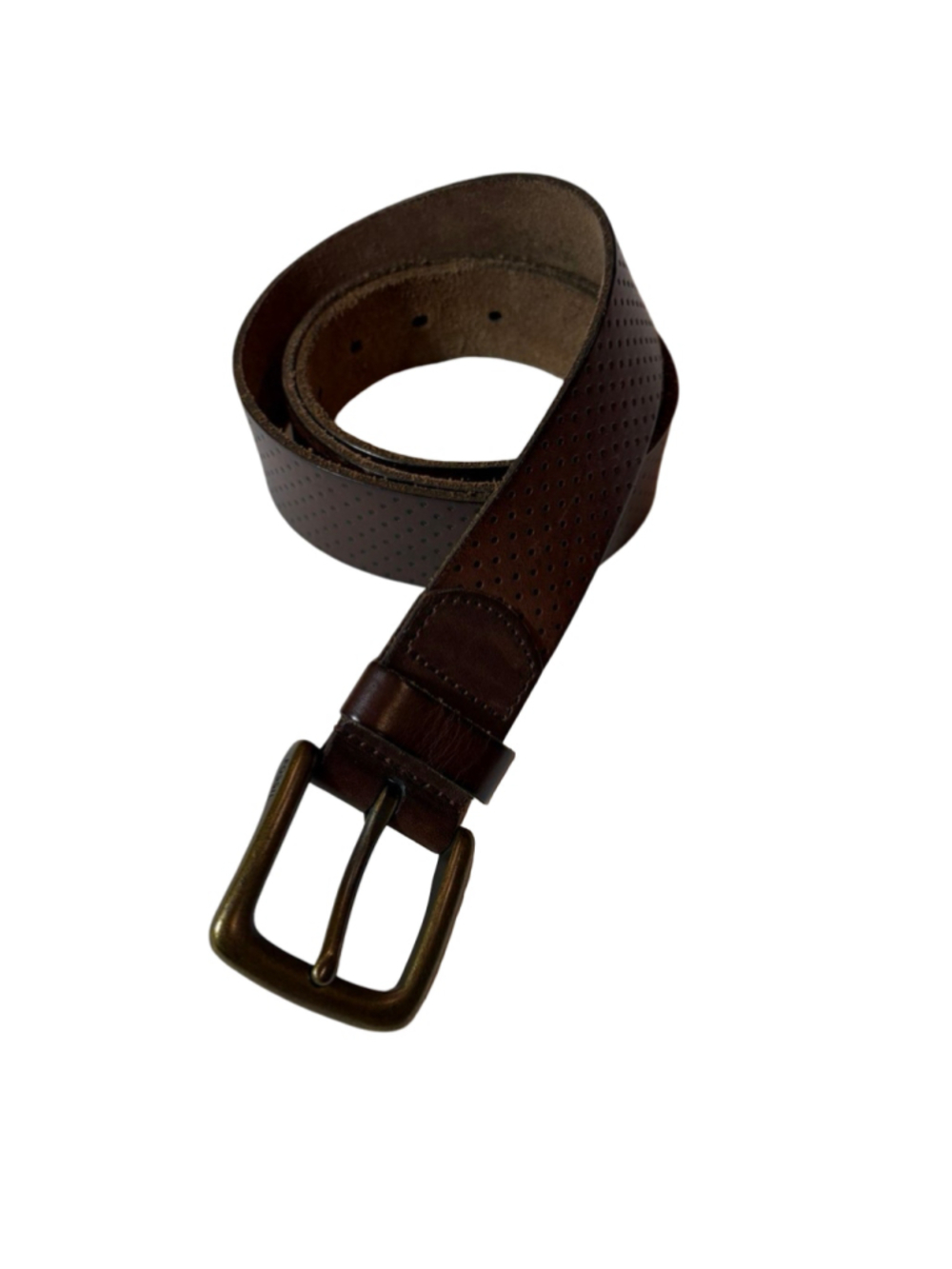 Fossil Men’s Brown Perforated Genuine Leather Belt Brass Buckle Size 38/95